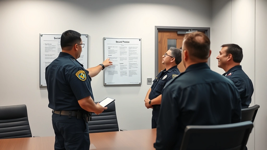 Security supervisor conducting team briefing with multiple officers in conference room, pointing at wall-mounted security protocols document, professional collaborative atmosphere