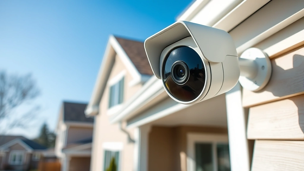 Professional home security system with Arlo camera mounted on residential building exterior, showing camera lens clearly focused, daylight setting with clear blue sky, suburban neighborhood background