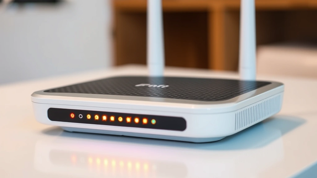 Close-up of secure WiFi router with indicator lights illuminated, sitting on white surface, showing antenna positioning, modern mesh router design, professional networking equipment aesthetic