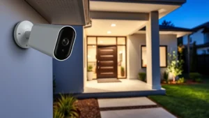Professional home security setup with Arlo HD camera mounted on modern house exterior, showing night vision capability with clear view of entryway and surrounding landscape without visible text or code