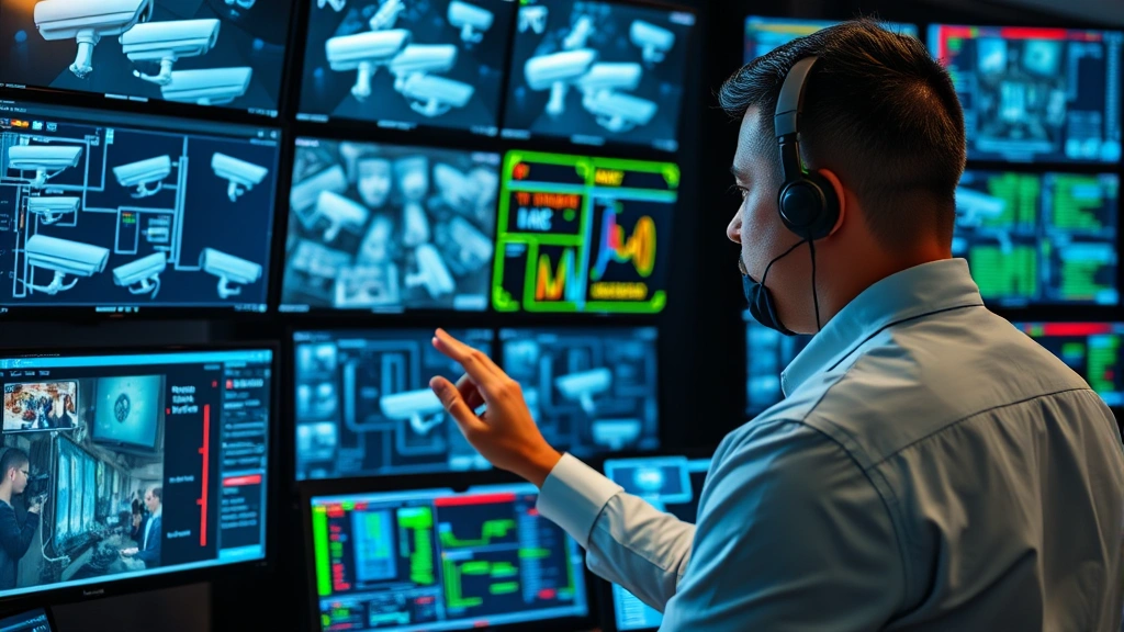 Cybersecurity expert reviewing camera network security on multiple monitoring displays showing network topology and threat detection systems in secure operations center environment