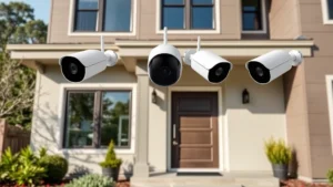 Professional home security setup with Arlo wireless cameras mounted on modern residential exterior, showing multiple angles of entry points being monitored, realistic daylight conditions with clear lens focus