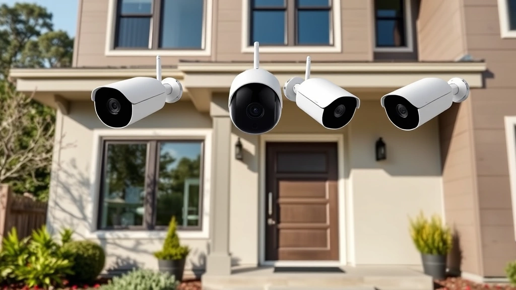 Professional home security setup with Arlo wireless cameras mounted on modern residential exterior, showing multiple angles of entry points being monitored, realistic daylight conditions with clear lens focus