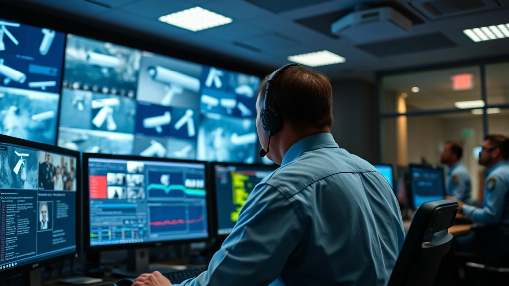 Cybersecurity expert analyzing security data on multiple monitors in control room environment, representing surveillance system monitoring and threat detection operations, professional setting with security personnel