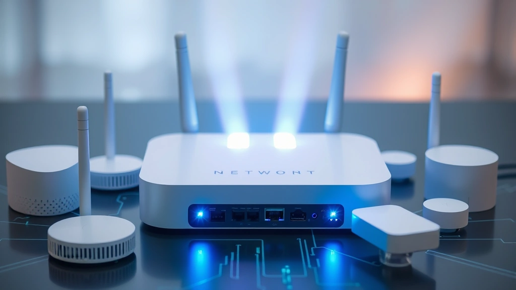 Advanced smart home hub device displaying network connectivity indicators and security status lights, surrounded by wireless sensor components, representing IoT security infrastructure and data protection