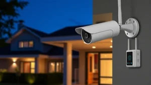 Professional wireless security camera system mounted on modern home exterior, nighttime surveillance mode with infrared indicators visible, weatherproof design showing base station hub and camera unit integration, cybersecurity protection concept