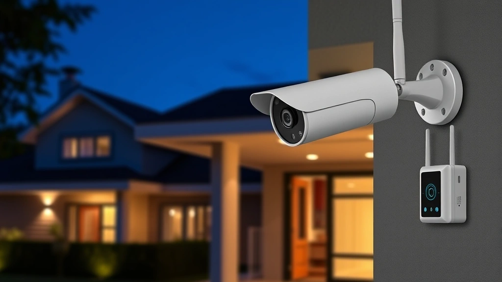 Professional wireless security camera system mounted on modern home exterior, nighttime surveillance mode with infrared indicators visible, weatherproof design showing base station hub and camera unit integration, cybersecurity protection concept
