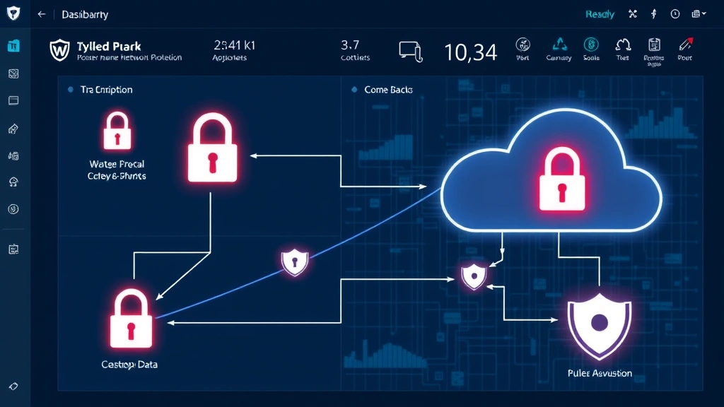 Advanced network security dashboard displaying encryption protocols and data flow visualization, cloud infrastructure connection diagram showing secure data transmission pathways, digital lock symbols and shield icons representing protection mechanisms