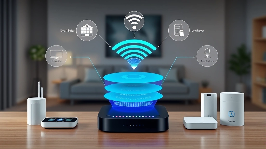 Smart home security ecosystem with multiple connected devices, base station hub with LED status indicators, WiFi network representation, authentication layers visualization, cybersecurity infrastructure in residential environment