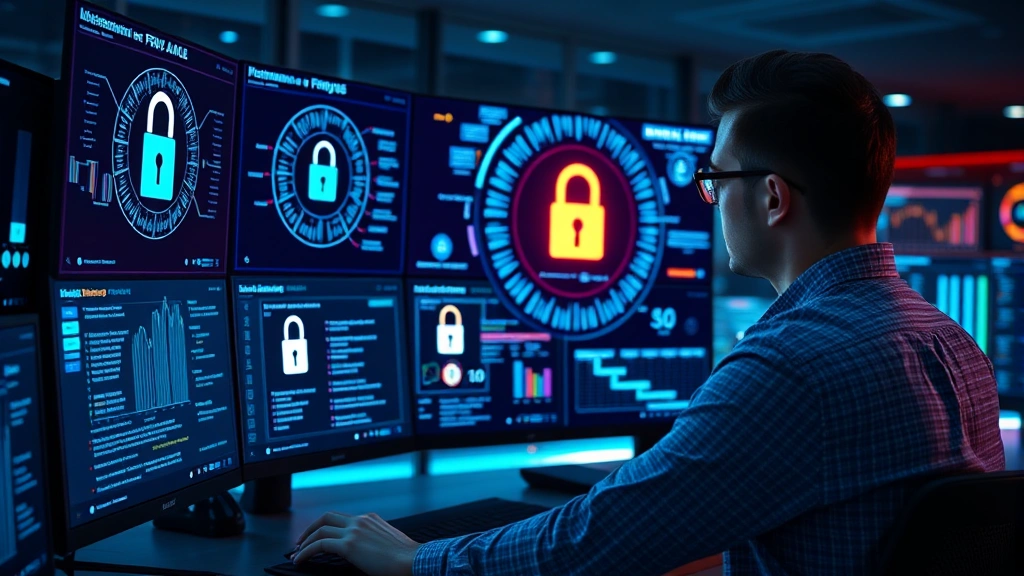 Professional cybersecurity analyst monitoring network security dashboard with digital lock icons and encrypted data streams flowing across multiple screens in modern tech environment