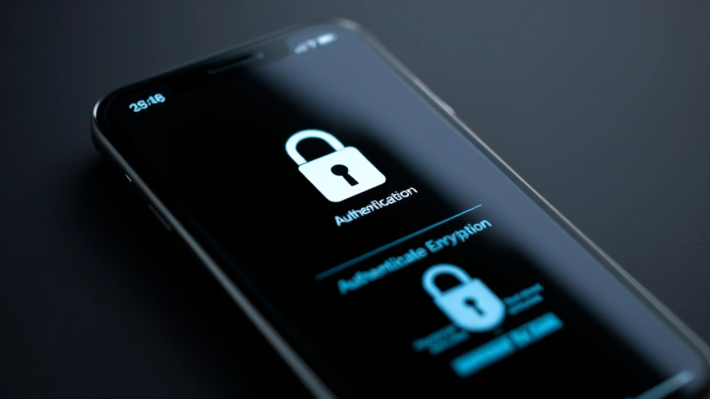 Close-up of smartphone displaying secure mobile app interface with padlock symbols, encryption indicators, and authentication controls on dark modern background