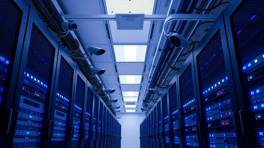 Data center server room with organized rack systems, blue LED indicators, security cameras mounted on ceiling, and controlled access points emphasizing infrastructure protection