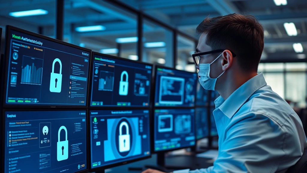 Cybersecurity professional analyzing authentication protocols on multiple monitors displaying security dashboards, padlocks, and encryption symbols in a modern office environment with blue lighting
