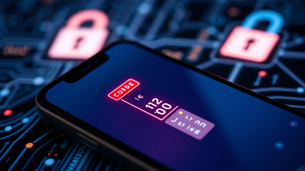Close-up of smartphone showing two-factor authentication code on screen with glowing security indicators, digital lock icons, and encrypted data visualization in background