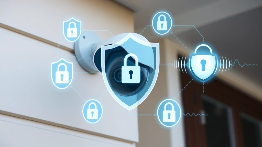 Home security camera mounted on exterior wall with digital security shield overlays, padlock symbols, and encryption waves, representing multi-layered IoT device protection