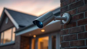 Professional home security camera mounted on modern house exterior at dusk, showing LED indicator light glowing, mounted with weatherproof housing on brick wall, no visible text or code