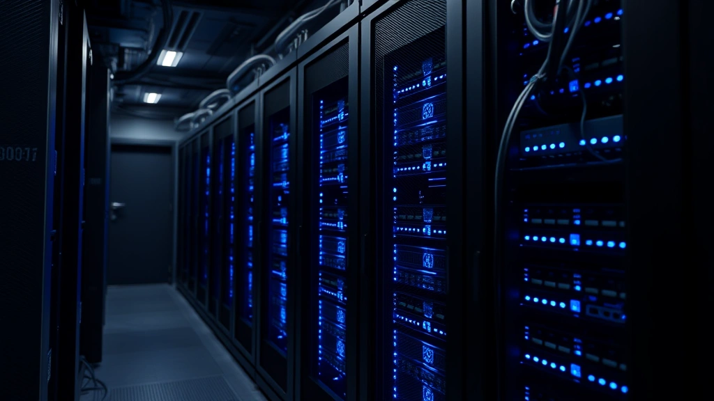 Data center server rack with blue LED lights in secure facility, showing network cables and security infrastructure, professional cybersecurity environment, no visible text or terminal windows