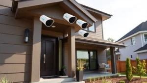 Professional home security system with multiple Arlo cameras mounted on modern house exterior, showing HD surveillance coverage of entry points and perimeter, daylight conditions, residential neighborhood setting