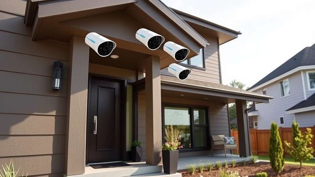 Professional home security system with multiple Arlo cameras mounted on modern house exterior, showing HD surveillance coverage of entry points and perimeter, daylight conditions, residential neighborhood setting