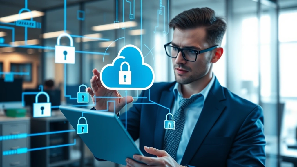Cybersecurity expert analyzing encrypted cloud data transmission on secure network, showing data protection protocols, encryption locks, and secure connection indicators, modern office environment with professional equipment