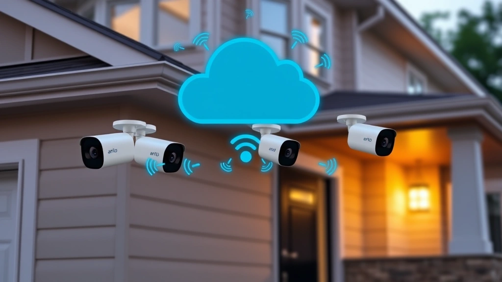 Professional home security system with multiple Arlo cameras mounted on modern house exterior, showing wireless connectivity indicators and cloud backup symbolism with blue digital elements