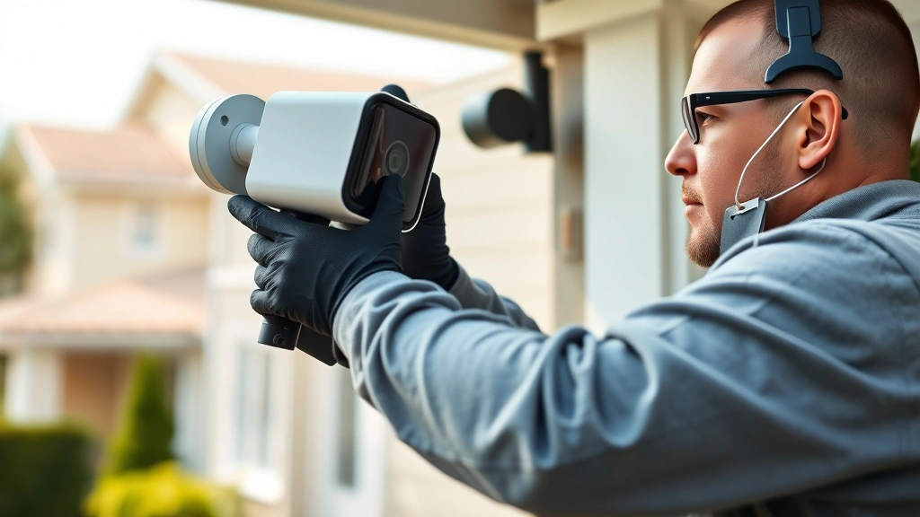 Professional home security technician installing Arlo wireless camera on residential exterior wall, holding mounting hardware, daylight, suburban home background, focused and concentrated expression