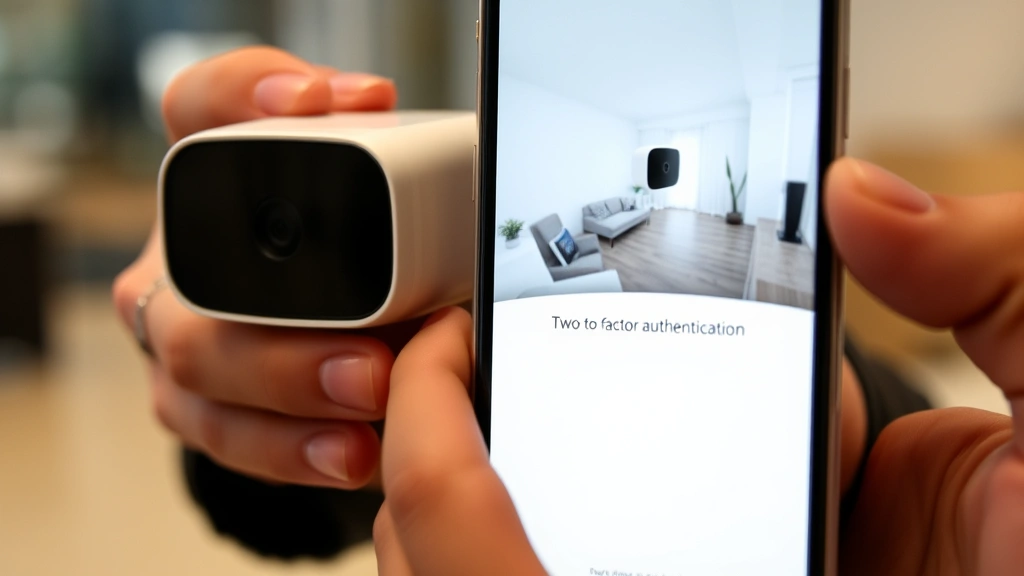 Close-up of smartphone displaying Arlo mobile app interface with camera feed, two-factor authentication prompt visible, modern minimalist design, hands holding device securely, indoor professional setting