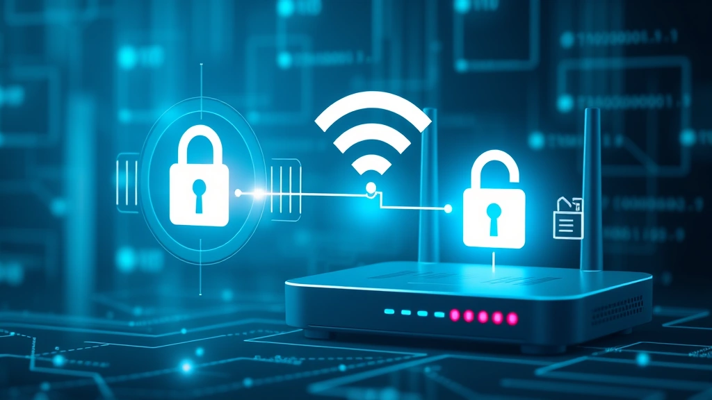 Network security concept showing encrypted WiFi connection symbol, padlock icon, and home router with security indicators, digital overlay showing data protection, modern tech aesthetic, no text or code visible