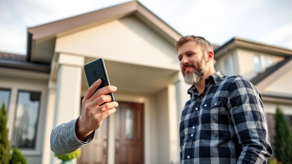 Professional homeowner checking security camera feed on smartphone outdoors near modern house entrance at daytime, showing confident monitoring posture with clear sky background