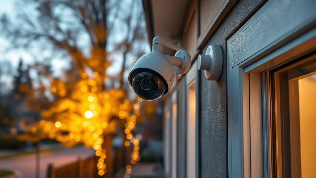 Close-up of wireless security camera mounted on residential building exterior corner at evening, capturing neighborhood view with warm outdoor lighting and trees