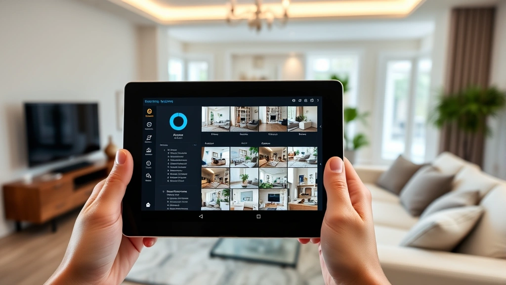 Home security system dashboard displayed on tablet device indoors showing multiple camera feeds simultaneously in clean modern living room environment with neutral decor