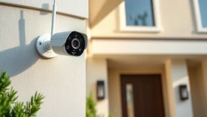 Professional wireless security camera mounted on modern residential home exterior wall, mounted near entrance, showing weatherproof design with clear lens, mounted during daytime with natural lighting, cinematic quality