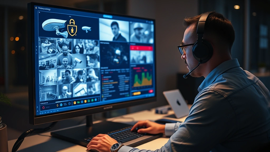 Cybersecurity professional monitoring multiple security feeds on computer dashboard, displaying surveillance video streams and security alerts, professional office environment, dramatic lighting emphasizing data protection