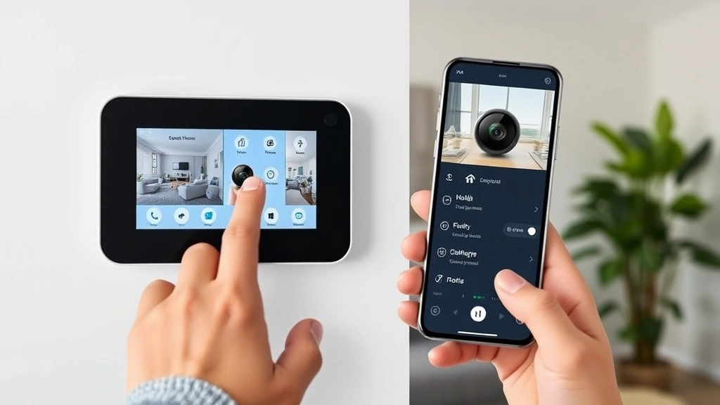 Smart home security system control panel and mobile device showing camera feed application interface, finger accessing security settings, home environment background, modern minimalist design aesthetic