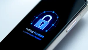 Close-up of a smartphone displaying a security lock icon with glowing blue authentication interface, representing multi-factor authentication process with biometric elements visible