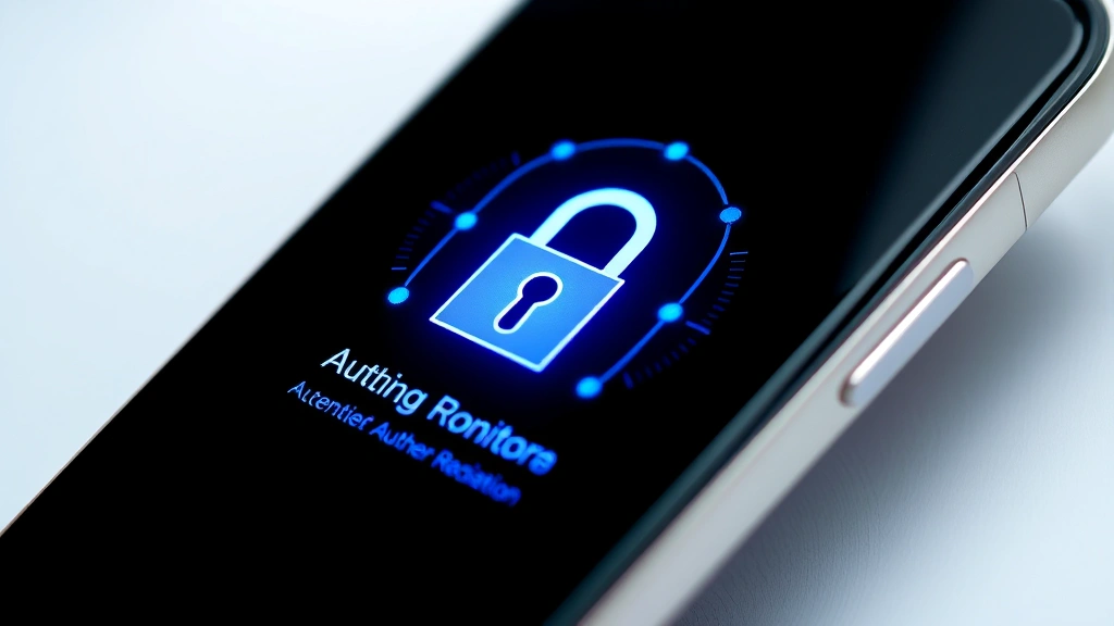 Close-up of a smartphone displaying a security lock icon with glowing blue authentication interface, representing multi-factor authentication process with biometric elements visible
