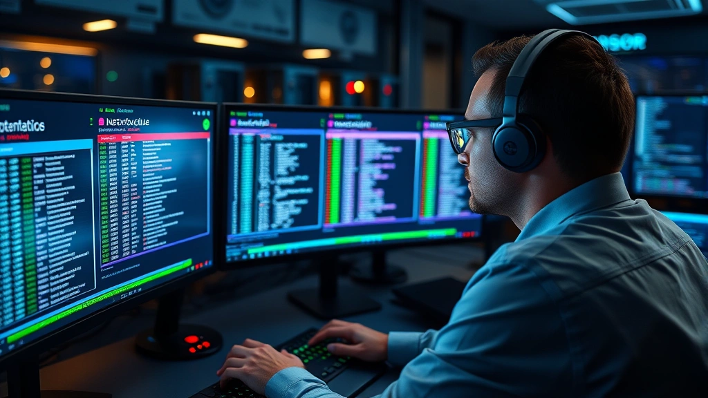 Cybersecurity professional monitoring network traffic on multiple displays showing authentication logs and device connections, secure operations center environment with ambient lighting