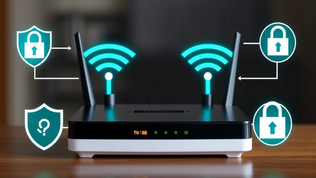 Modern home router with Wi-Fi signal indicators, surrounded by security shield graphics and padlock symbols, illustrating network security and encrypted connections