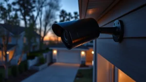 Professional home security camera system mounted on modern house exterior at dusk, showing sleek black camera with LED indicator light, residential setting with trees and driveway visible in soft evening lighting, photorealistic quality