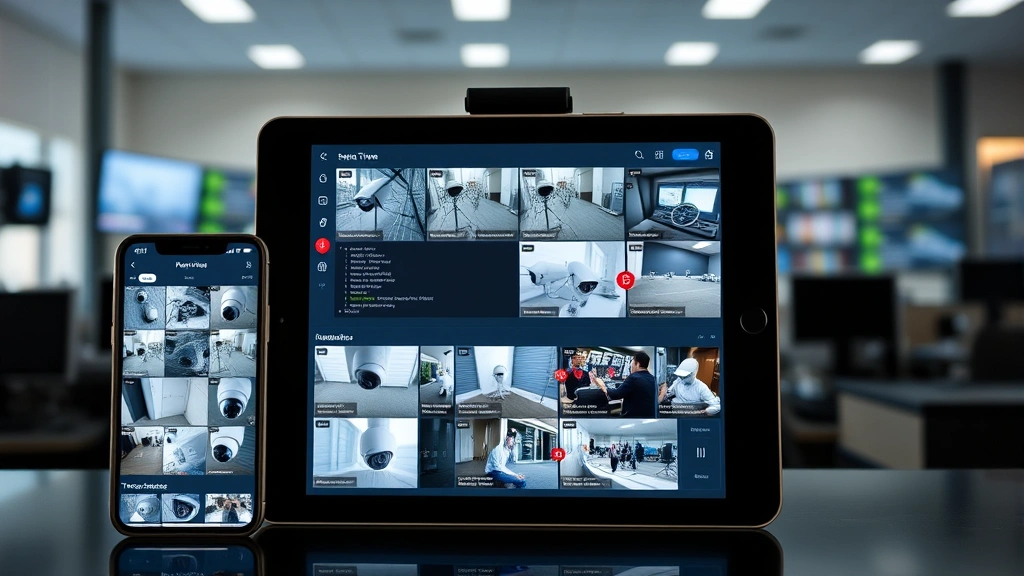 Control center dashboard displayed on smartphone and tablet screens showing real-time video feeds from multiple security cameras, motion detection alerts, and professional monitoring interface with clean modern design, no visible text or code