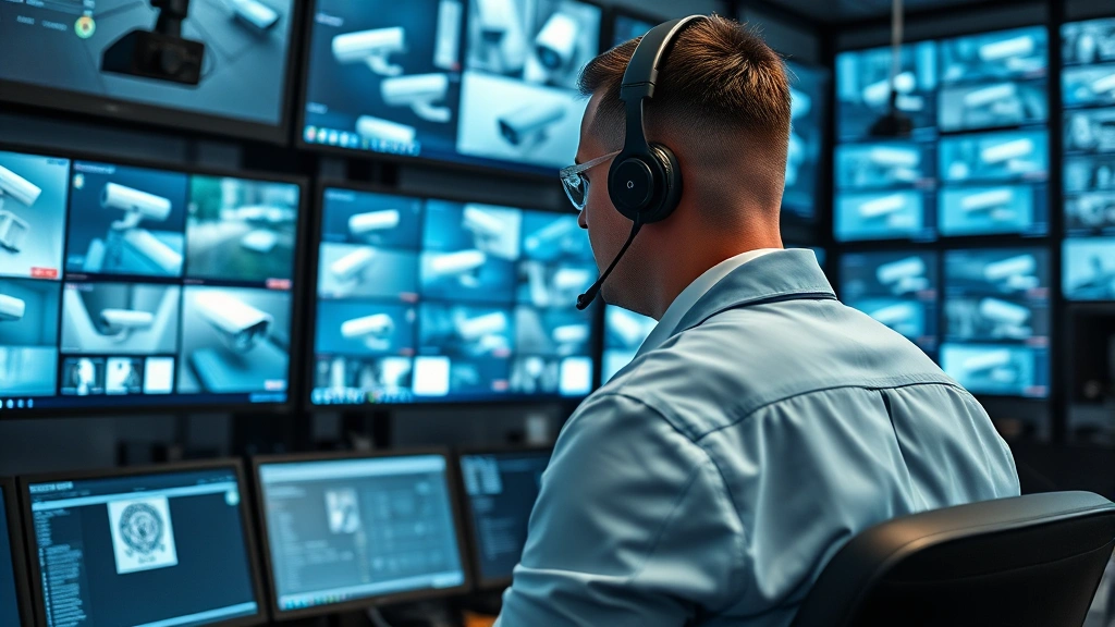 Security professional at monitoring station wearing headset, multiple screens displaying live camera feeds and alert systems, professional environment with focus on surveillance technology, photorealistic documentation style