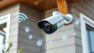 Professional home security camera mounted on modern house exterior with WiFi signal indicators and encryption padlock symbols floating around, photorealistic daylight setting