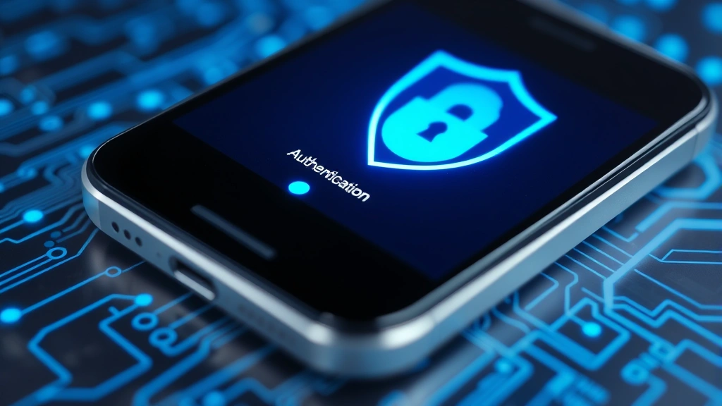Close-up of secure authentication interface showing two-factor verification on smartphone screen with biometric fingerprint sensor, cybersecurity theme with blue protective shield overlay