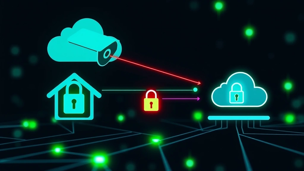 Network security visualization showing encrypted data transmission between home camera and cloud server with lock symbols and secure connection indicators, dark background with green security status lights
