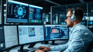 Professional cybersecurity analyst reviewing security protocols on computer monitors displaying network diagrams and threat intelligence dashboards in modern office environment
