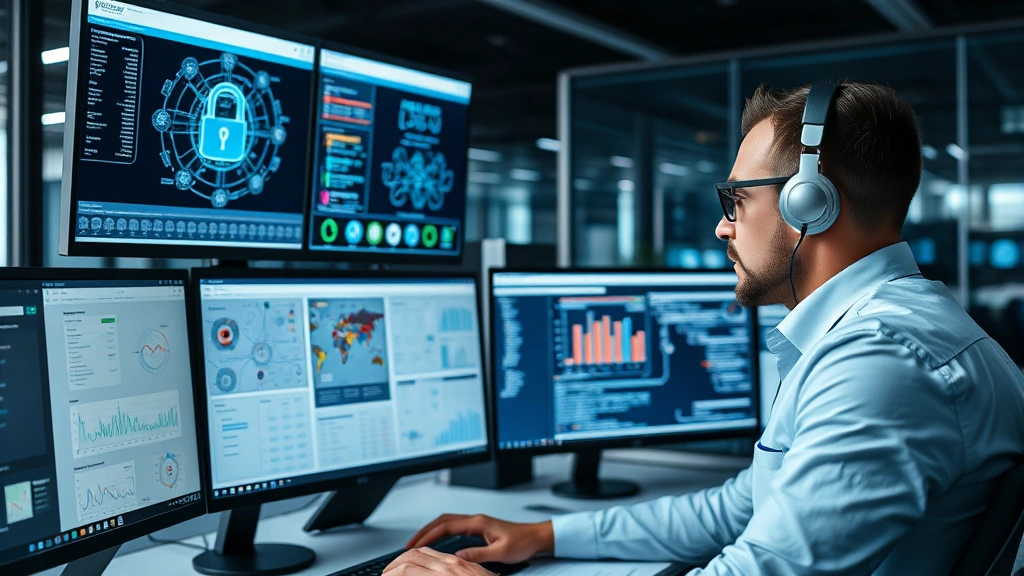 Professional cybersecurity analyst reviewing security protocols on computer monitors displaying network diagrams and threat intelligence dashboards in modern office environment