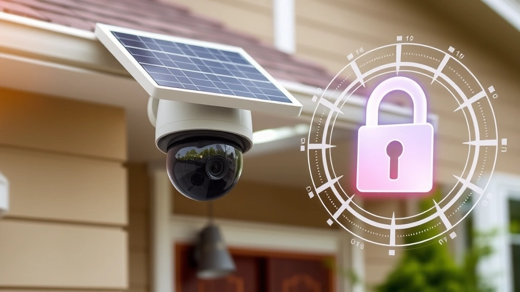 Solar-powered security camera mounted on residential home exterior with visible encryption padlock symbol overlay, representing secure data transmission and protection