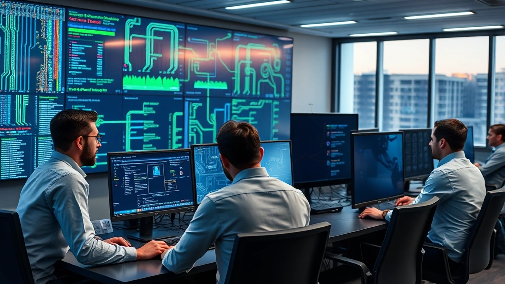 Diverse team of cybersecurity professionals in modern operations center monitoring network threats, with emphasis on IoT device security and real-time threat detection systems