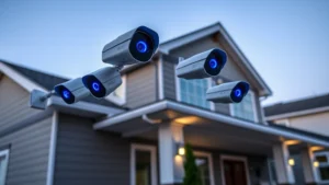 Professional home security setup showing multiple Arlo cameras mounted on modern house exterior with night vision active, displaying blue LED indicators, suburban setting with clear sky