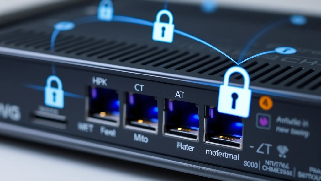 Close-up of security hub device with encrypted connection symbols and lock icons floating around it, representing data protection and secure wireless communication between components